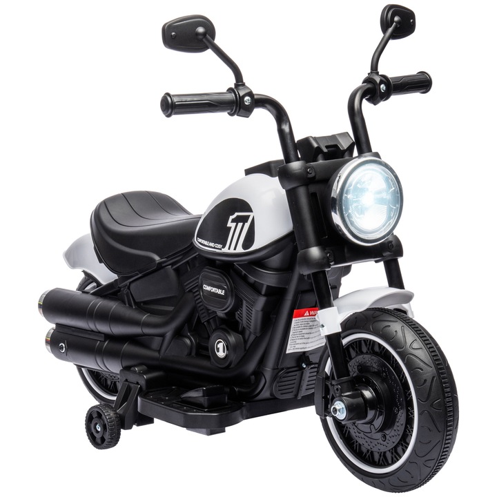 HOMCOM Motocicleta Electrica pentru Copii 18-36 Luni cu Roti Ajutatoare si Far, 76x42x57 cm, Alb si Negru