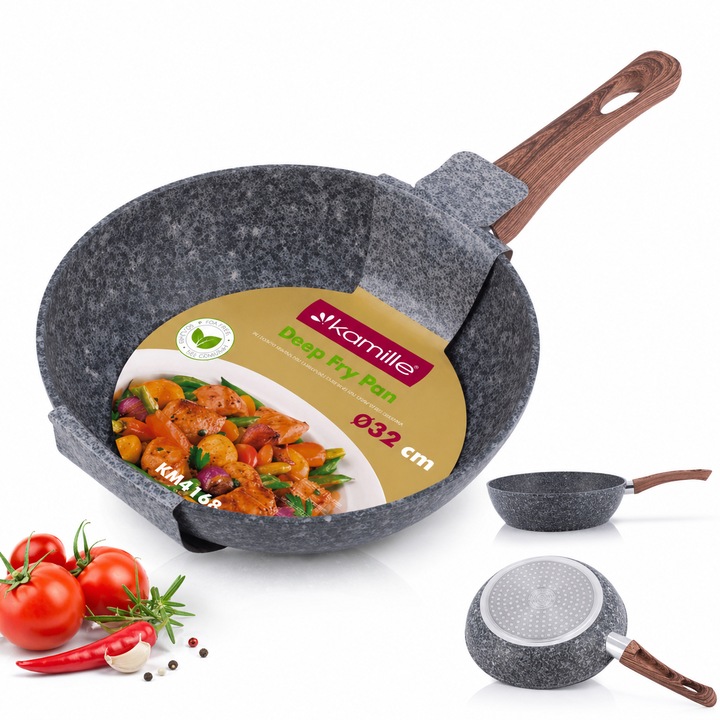 Tigaie Wok 32 cm Kamille KM4168, Aluminiu turnat, Strat antiaderent Granit, Compatibila Inductie, Maner Ergonomic Izolat Termic