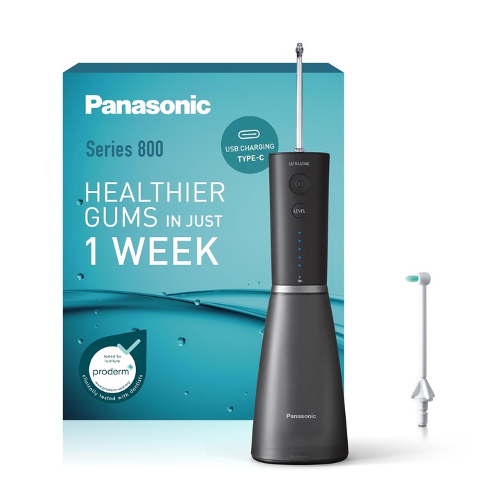 Irigator oral electric Panasonic Seria 800, 200 ml, negru, 5 niveluri de presiune, accesoriu de călătorie