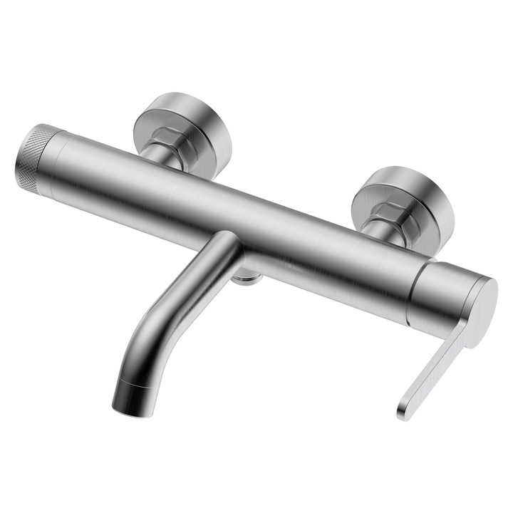 Set baterie cada cu dus, montaj pe perete, finisaj inox periat/ argiuntiu, para dus + furtun + suport inclus, garantie 5 ani, Bathrium colectia BAISO