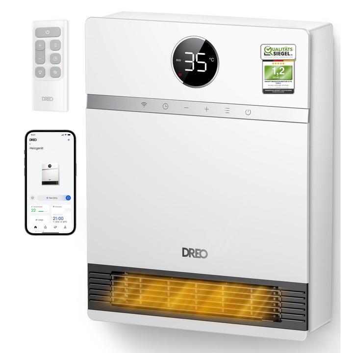 Convector Inteligent De Perete Dreo, Iesire Ventilator 30°, 2000W, Termostat Reglabil, Telecomanda, Temporizator Saptamanal, Incalzitor De Interior Usor De Instalat, Compatibil Cu Alexa