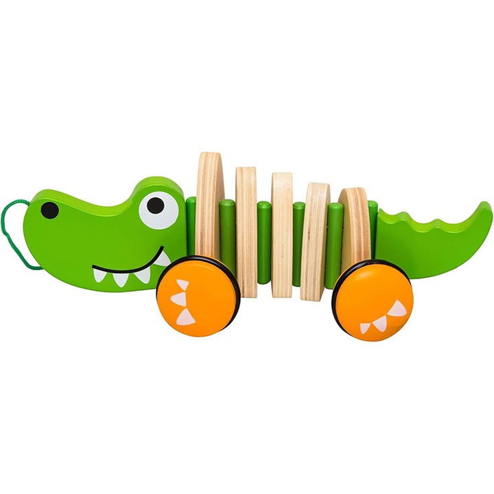 The Little Crocodile, jucarie Montessori din lemn cu sfoara pentru tras, 1-4 ani, forma crocodil, culori intense, pentru Bebelusi si Copii, bebeLOGIC™