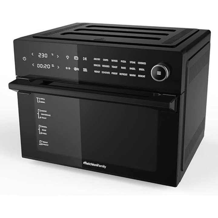 Friteuza cu aer cald Melchioni Family Benedetta, capacitate 30 L, afisaj digital, functie dubla de gatire, friteuza cu 18 programe, 30–230°C, timer 12 h, negru