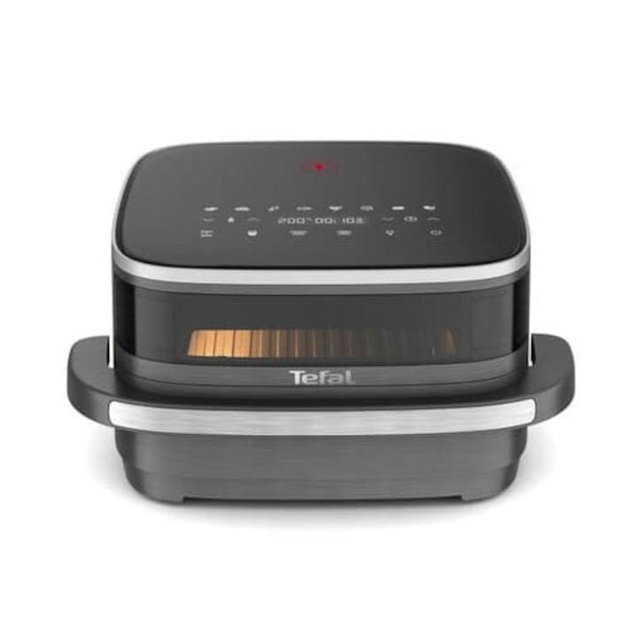Friteuza extra slim cu aer cald, Rohnson R2860, 8L, 1700W, timer 1h, 80-200 °C, Panou LED, 7 programe, sistem 3D la 360°, functie SHAKE, fereastra, iluminare interioara, protectie supraincalzire, oprire automata, neagra
