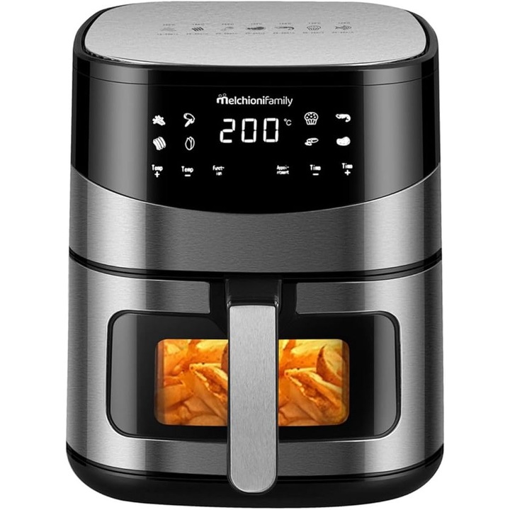 Friteuza cu aer cald Melchioni Family Arianna, 6, 5 L, cu dubla rezistenta, ecran LED, 8 programe, timer, cos cu fereastra, 2000 W