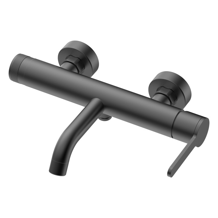 Set baterie cada cu dus, montaj pe perete, finisaj gri periat/ negru, para dus + furtun + suport inclus, garantie 5 ani, Bathrium colectia BAISO