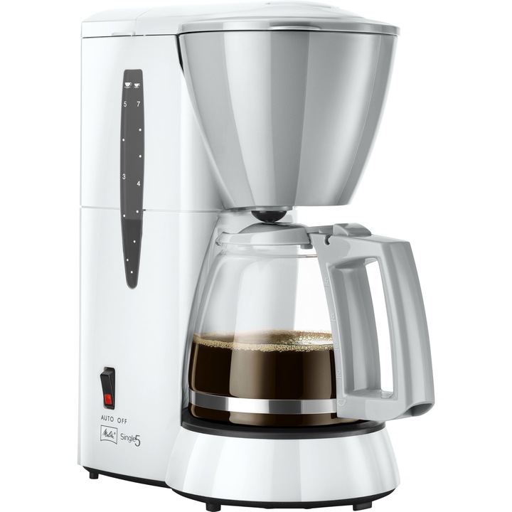 Aparat de Cafea Melitta Single5, 5 Cesti, sistem anti-picurare, carafă din sticlă, alb, 1.25l
