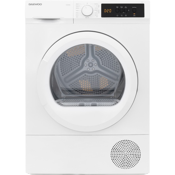 Uscator de rufe Daewoo, pompa de caldura, 8 kg, clasa E, cuva inox, hublou sticla, alb