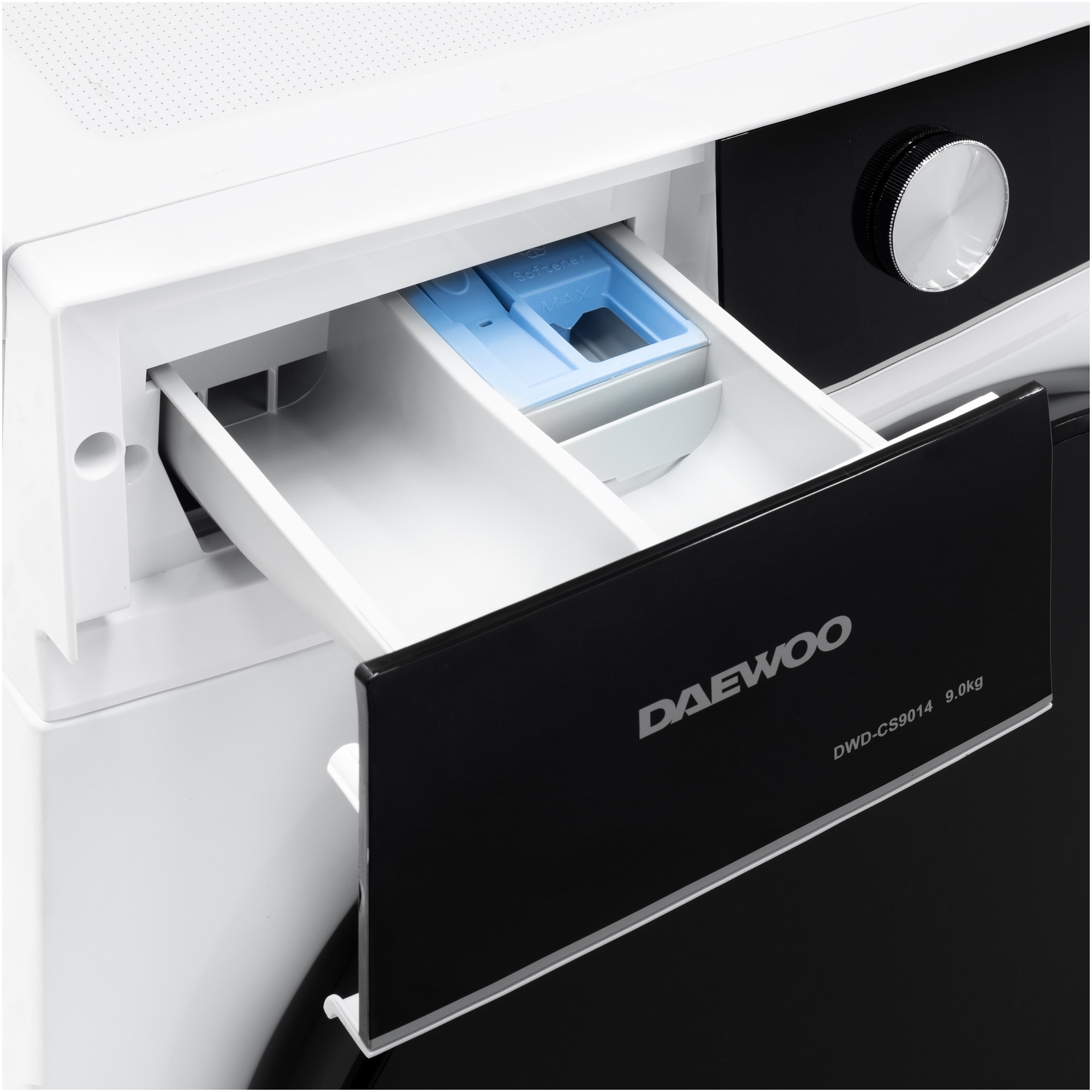 Masina de spalat rufe Daewoo, 9 kg, motor inverter, 1400 rpm, clasa A, 16 programe, butoane touch, panou de control negru cu pictograme colorate, usa dubla neagra (PC Cover), culoare Alb