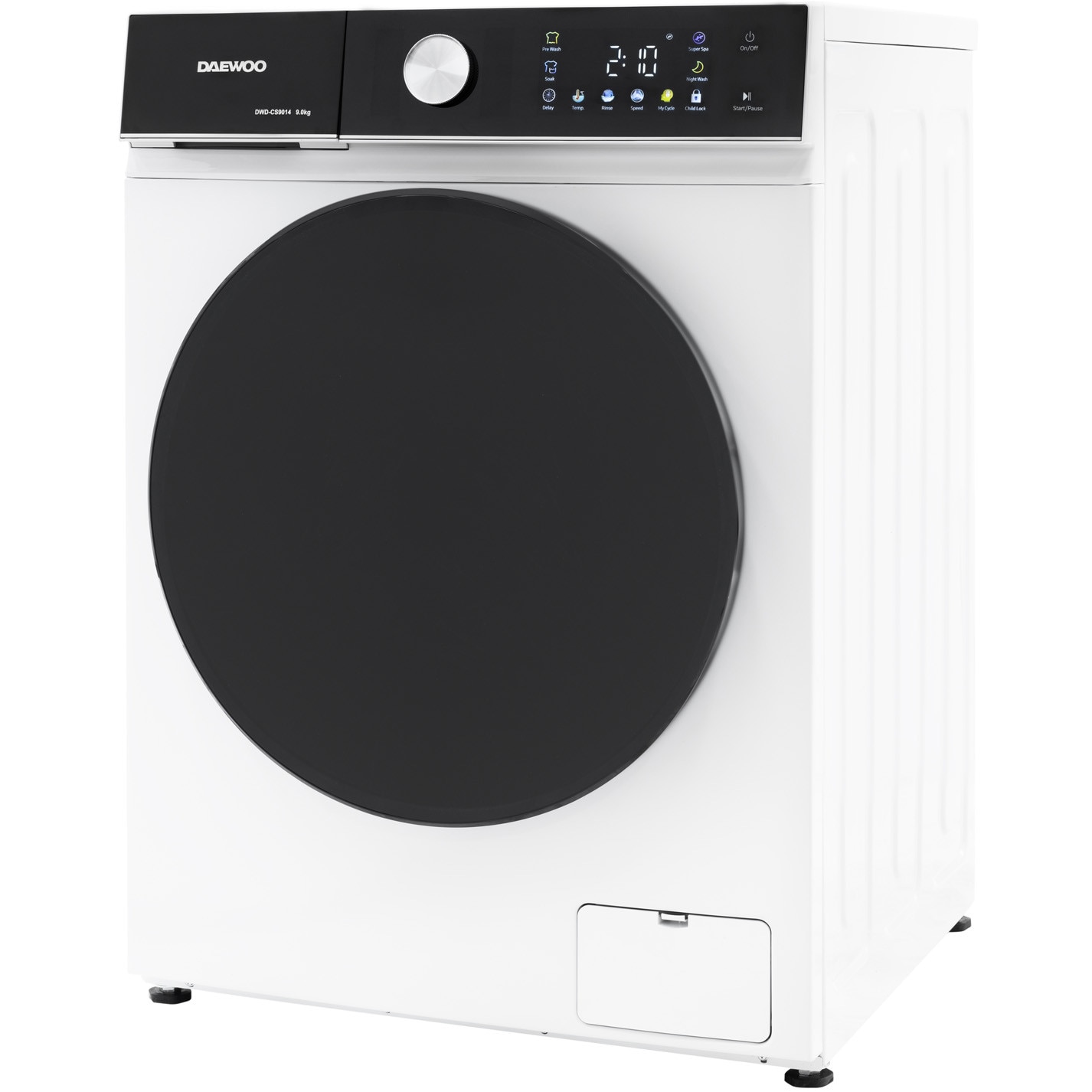 Masina de spalat rufe Daewoo, 9 kg, motor inverter, 1400 rpm, clasa A, 16 programe, butoane touch, panou de control negru cu pictograme colorate, usa dubla neagra (PC Cover), culoare Alb