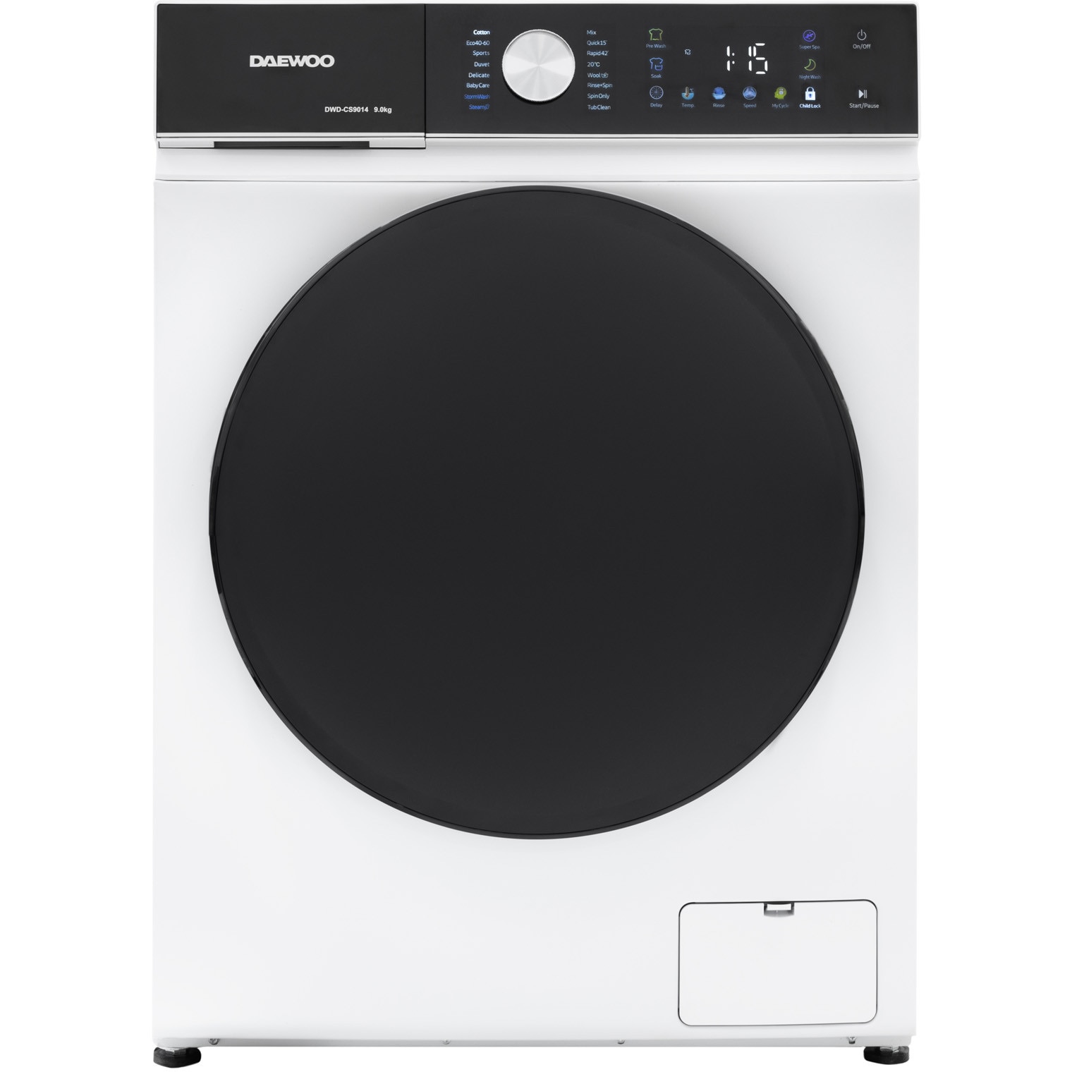 Masina de spalat rufe Daewoo, 9 kg, motor inverter, 1400 rpm, clasa A, 16 programe, butoane touch, panou de control negru cu pictograme colorate, usa dubla neagra (PC Cover), culoa