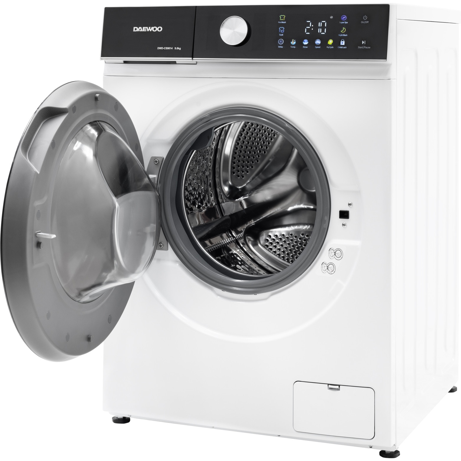 Masina de spalat rufe Daewoo, 9 kg, motor inverter, 1400 rpm, clasa A, 16 programe, butoane touch, panou de control negru cu pictograme colorate, usa dubla neagra (PC Cover), culoare Alb