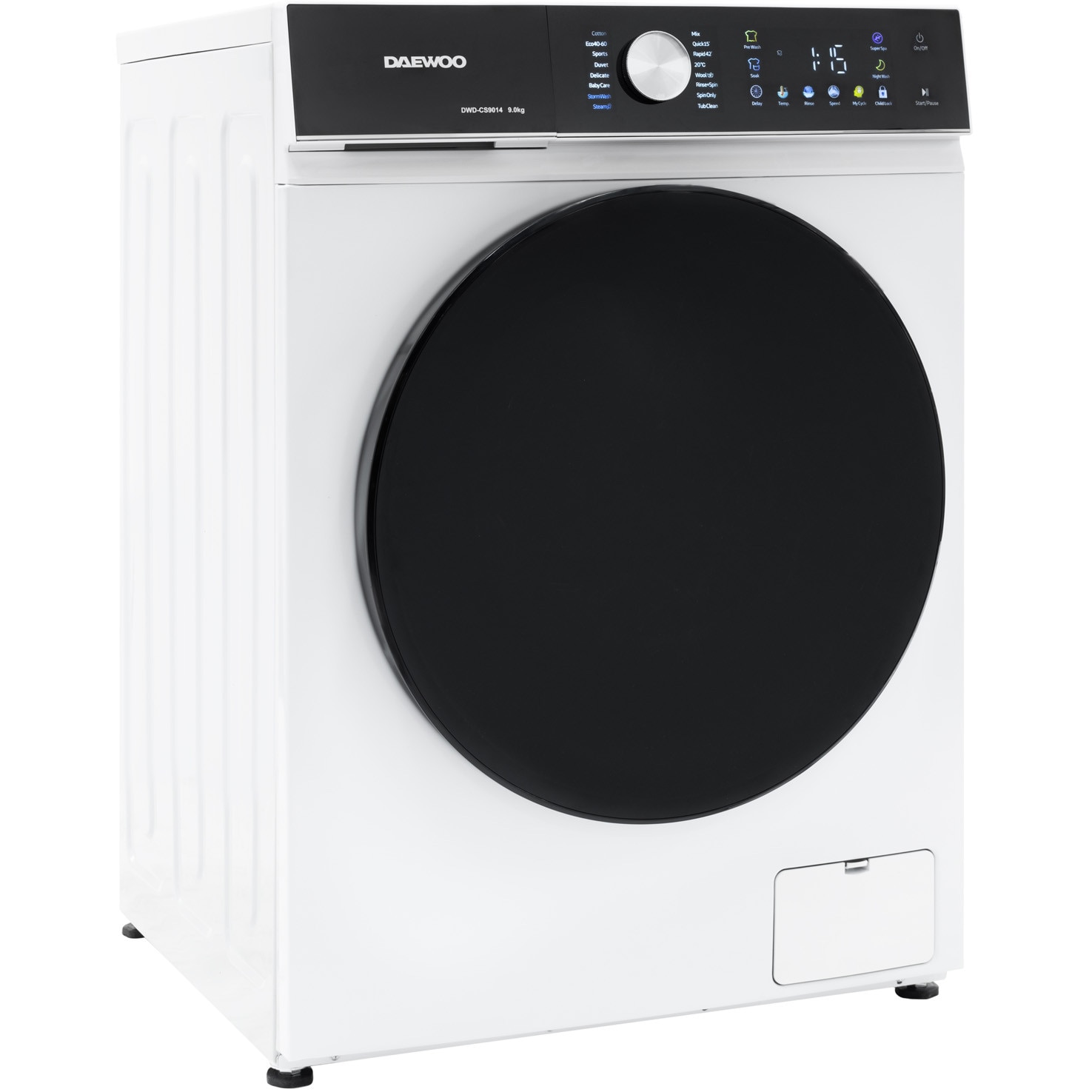 Masina de spalat rufe Daewoo, 9 kg, motor inverter, 1400 rpm, clasa A, 16 programe, butoane touch, panou de control negru cu pictograme colorate, usa dubla neagra (PC Cover), culoare Alb