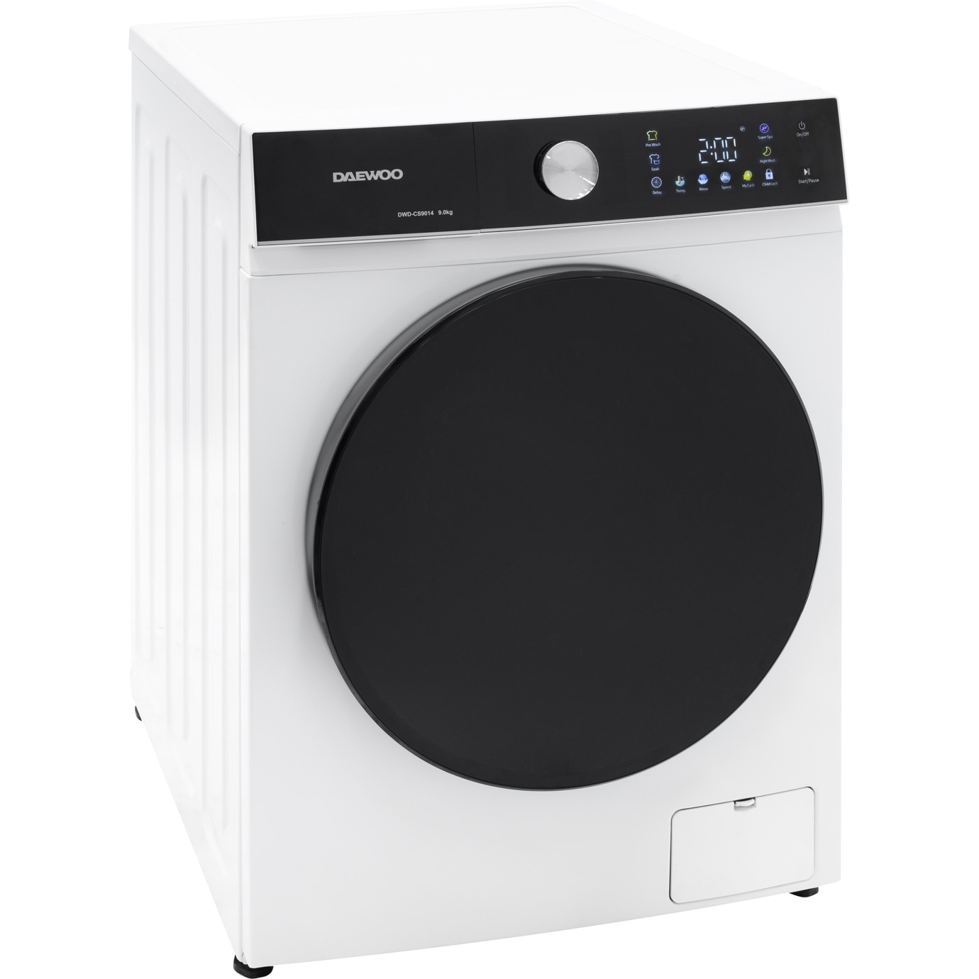 Masina de spalat rufe Daewoo, 9 kg, motor inverter, 1400 rpm, clasa A, 16 programe, butoane touch, panou de control negru cu pictograme colorate, usa dubla neagra (PC Cover), culoare Alb