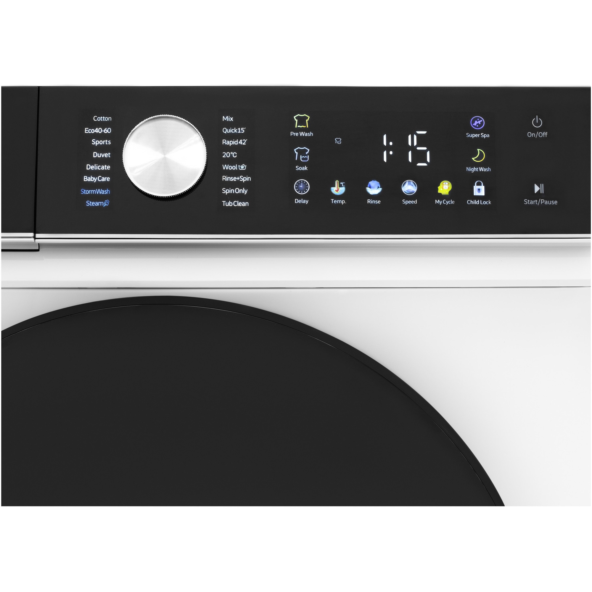 Masina de spalat rufe Daewoo, 9 kg, motor inverter, 1400 rpm, clasa A, 16 programe, butoane touch, panou de control negru cu pictograme colorate, usa dubla neagra (PC Cover), culoare Alb