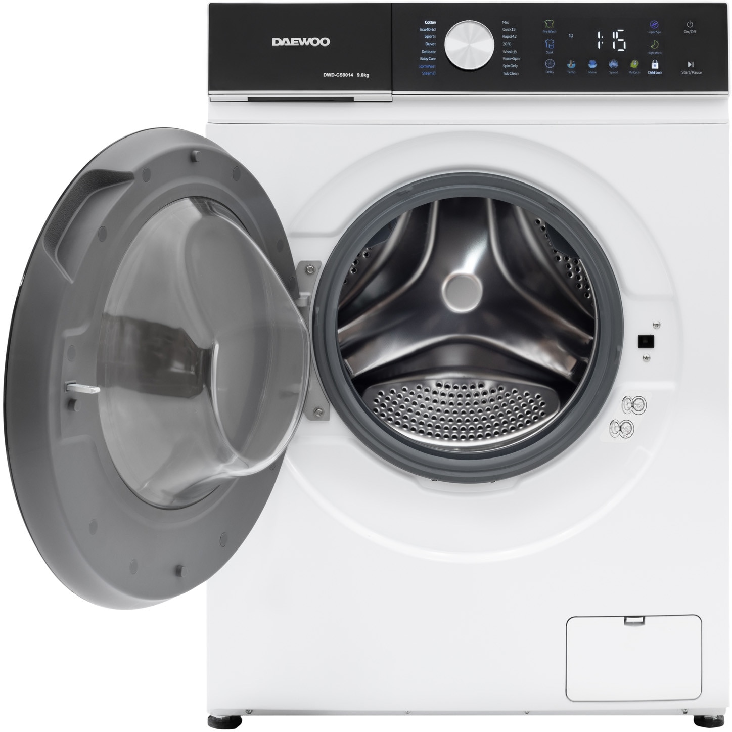 Masina de spalat rufe Daewoo, 9 kg, motor inverter, 1400 rpm, clasa A, 16 programe, butoane touch, panou de control negru cu pictograme colorate, usa dubla neagra (PC Cover), culoare Alb
