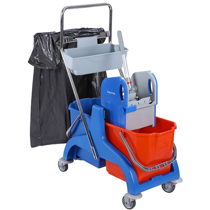 Carucior curatenie Bayersan Duo, 2 galeti 25 litri, suport accesorii, storcator profesional, multicolor, 71x43x85cm
