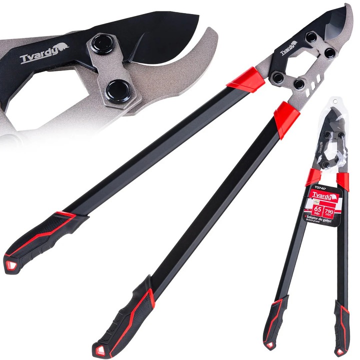 Foarfeca de gradina cu lama transversala si angrenaj, 790 mm, 65 Mn, PTFE, Tvardy T07417