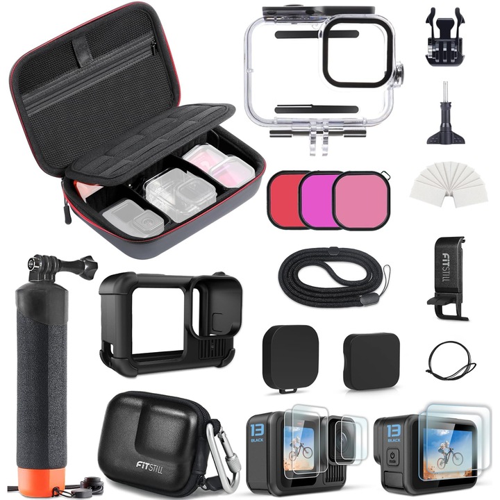 Комплект за защита за GoPro Hero 13, водоустойчив до 60 м, силиконов калъф, черен