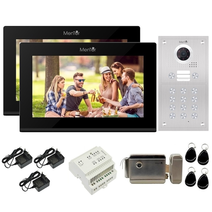 Kit VideoInterfon WiFi 2 familii Mentor SYKT077B 5in1 cu aplicatie, parola / pin / cifru, buton, tag si cheie, cu 2xMonitor color de 7 inch, Panou exterior FHD 2MP IP65 incastrabil, Distribuitor semnal, Yala electromagnetica, sistem pe 2 fire 24V