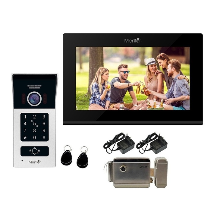 Kit VideoInterfon WiFi 1 familie Mentor SYKT072B 5in1 cu aplicatie, parola / pin / cifru, buton, tag si cheie, cu Monitor color de 10.1 inch, Panou exterior FHD 2MP IP65, Yala electromagnetica, sistem pe 2 fire