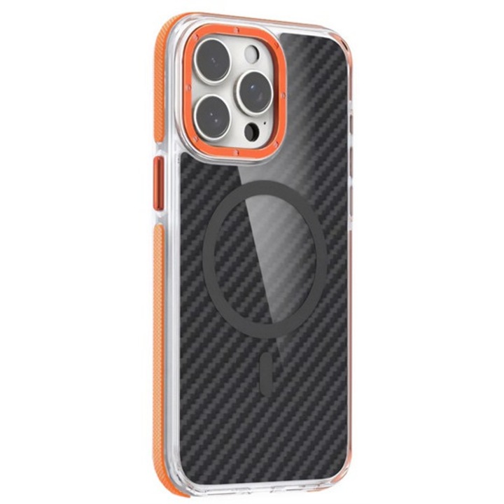 Gigapack szilikon mobiltelefon tok, ütésállóság, légpárnás sarok, karbon minta, wireless, magsafe, narancssárga, kompatibilis: Redmi 14C 4G