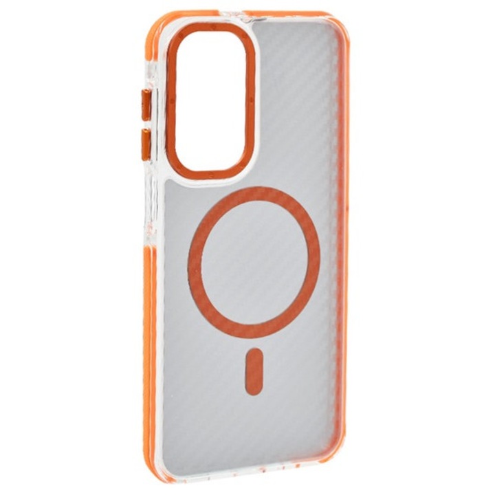 Gigapack szilikon mobiltelefon tok, ütésállóság, légpárnás sarok, karbon minta, wireless, magsafe, narancssárga, kompatibilis: Samsung Galaxy A17 4G, SM-A175, / Galaxy A17 5G, SM-A176