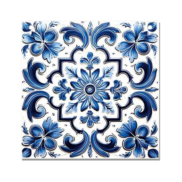 Nyomtatott fa tábla - Mediterrán csempe minta - kék sima 12, 5x12, 5cm