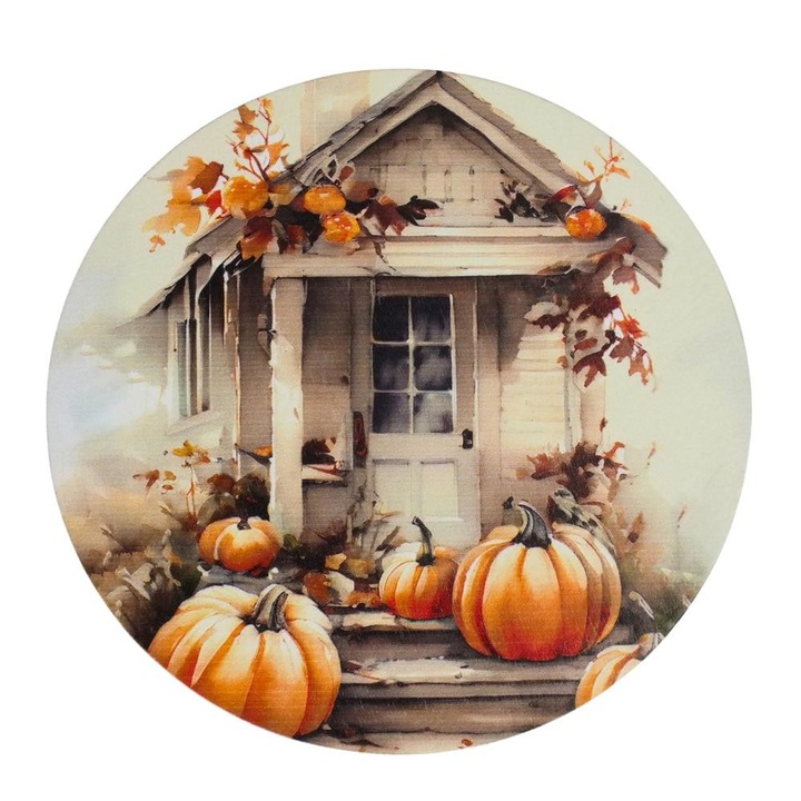 Nyomtatott fa tábla koszorú közép - Fehér-narancs tök házzal 14, 8cm