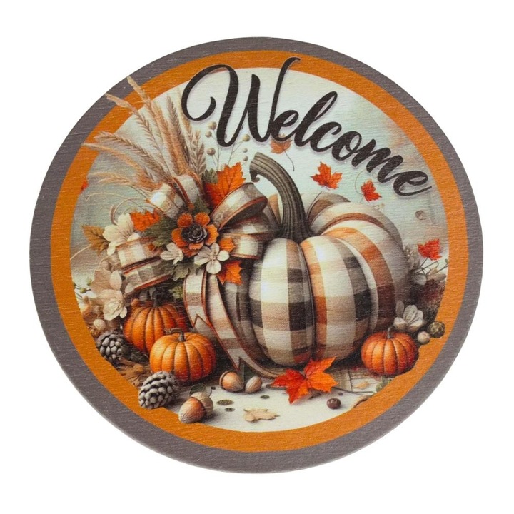 Nyomtatott fa tábla koszorú közép - Welcome kockás tökkel 14, 8cm