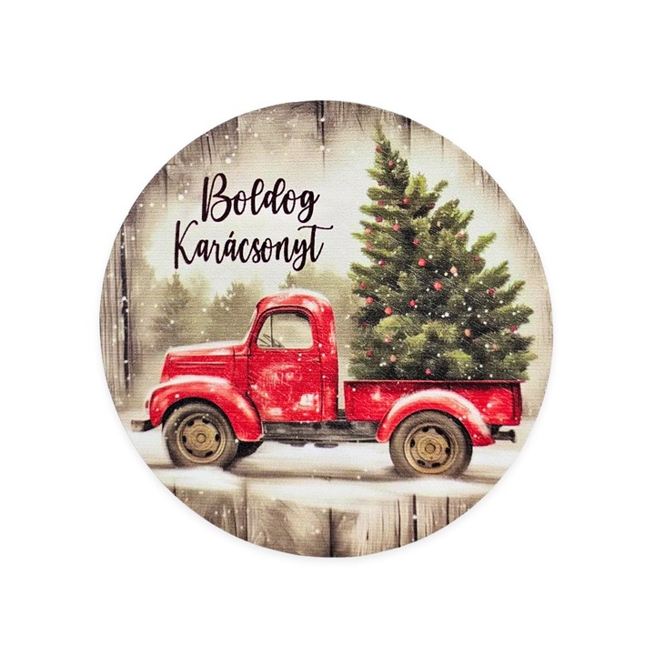 Nyomtatott fa tábla koszorú közép - Autós karácsonyi 11, 8cm