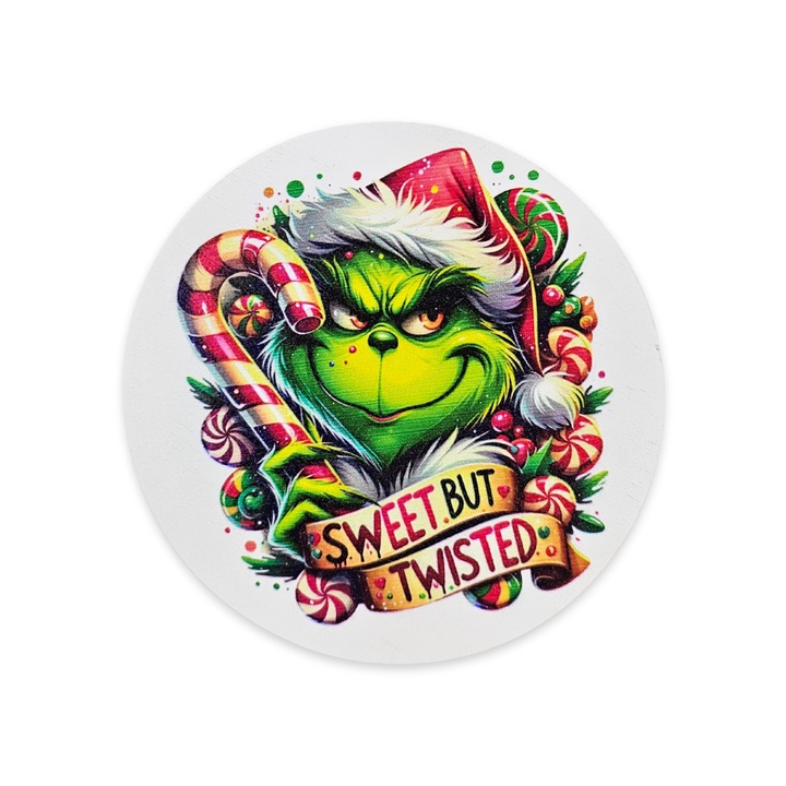 Nyomtatott fa tábla koszorú közép - Cukros grinch 11, 8cm