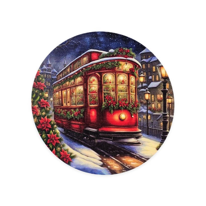 Nyomtatott fa tábla koszorú közép - Karácsonyi villamos 11, 8cm