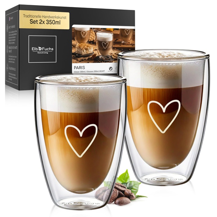 Set pahare Elbfuchs Latte Macchiato, 2x350ml, sticlă borosilicată, pereti dubli, transparente