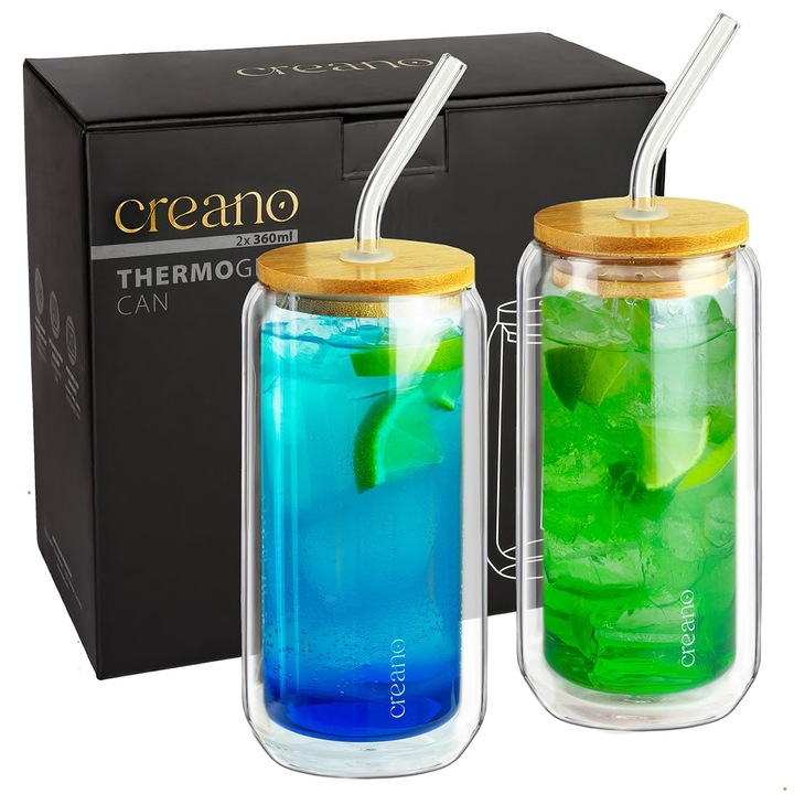 Set de 2 pahare Creano cu pereți dubli, capac și pai din bambus, 360 ml, pentru smoothie și cocktail
