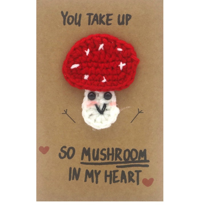 Felicitare crosetata, model ciuperca, You take so mushroom in my heart