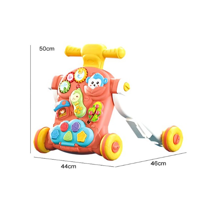 Antepremergator pentru copii, Malplay Pink, cu panou educativ-interactiv detasabil, telefon, angrenaje rotative, roti antiderapante, ghidon inaltime ajustabila, 50 x 46 x 44 cm