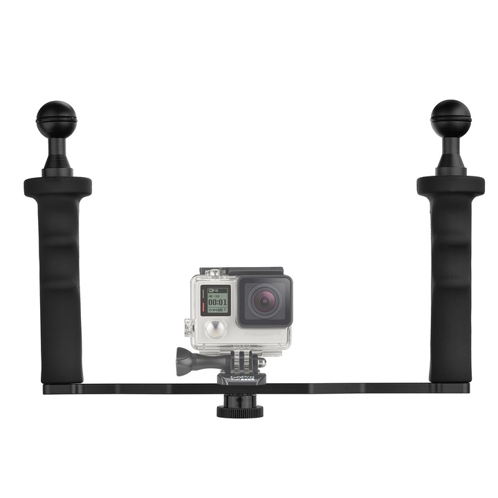 D&F Videostabilizátor alumíniumötvözetből, dupla markolattal, Gopro 6/5/4/3+/3 Sjcam Sj4000/5000/6000 Xioao Yi 24K és videokamerákhoz, LED fénnyel és víz alatti kupolával