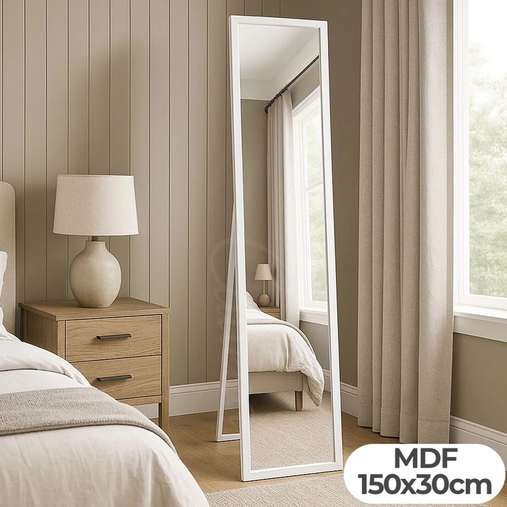 Огледало за под, 150x30 см, бяло, MDF, със стойка, с крак, Callena