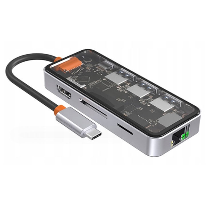 USB elosztó, átlátszó, 8 az 1-ben, laptophoz, USB Type-C, HDMI 4K, Ethernet 10/100/1000m, 1x SD foglalat, 3x USB Type-A, 1x USB Type-C PD 100W, 1 LAN jelzőfény, kompakt, műanyag