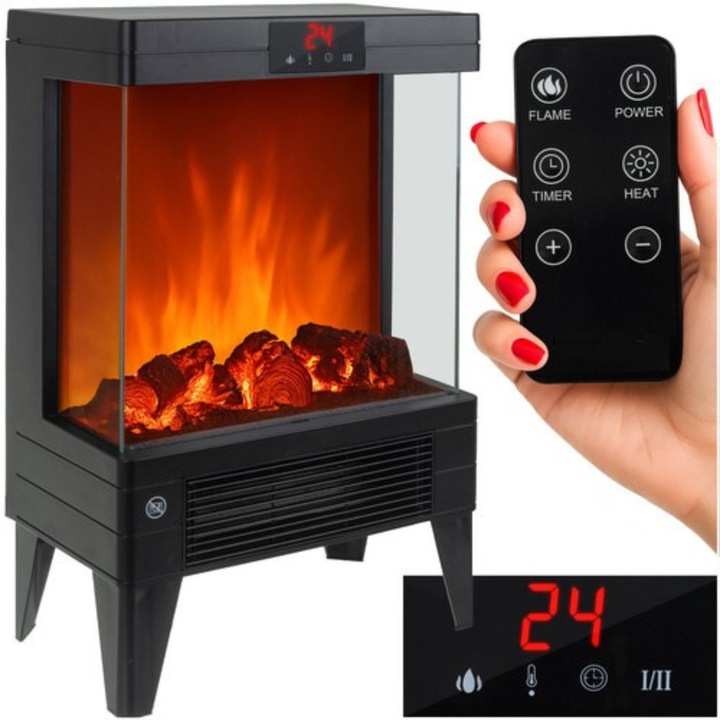 Електрическа камина VarioShop®, 3D, 2000W, с реалистичен ефект на пламък, дистанционно управление, LED панел, защита от прегряване, 12-часов таймер, черна