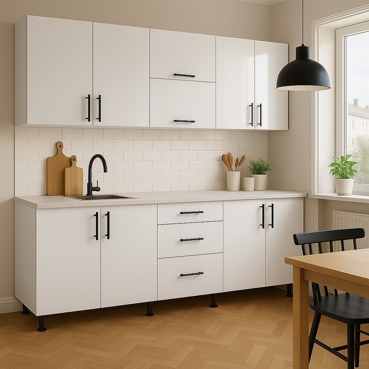 Set Bucatarie MDF alb lucios carcasa alb 18 mm cu blat termo, L200 cm