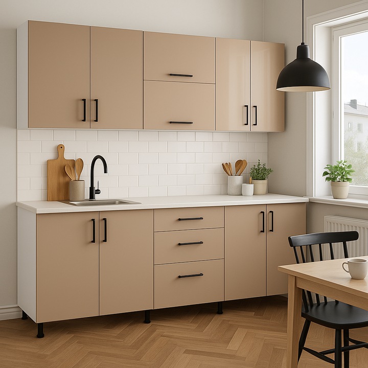 Set Bucatarie MDF capucino lucios carcasa alb 18 mm cu blat termo, L200 cm