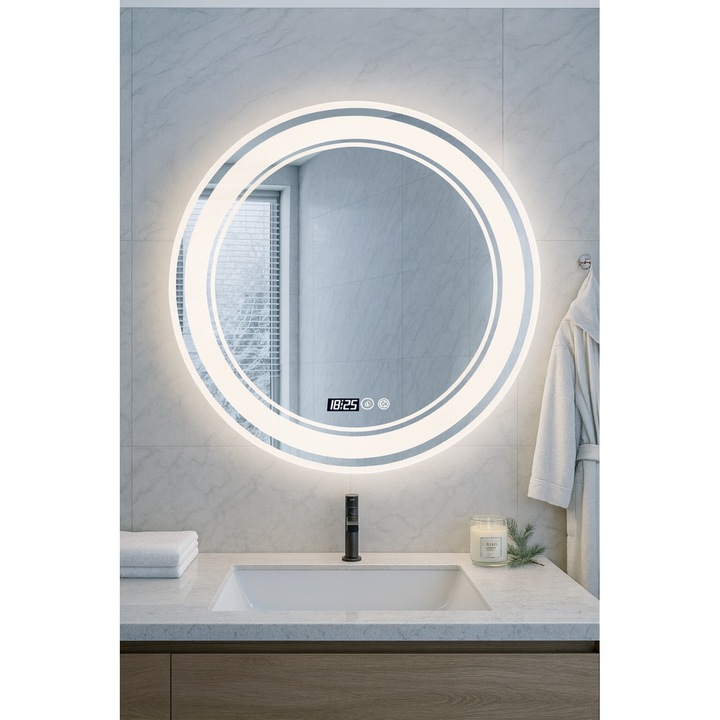 Oglinda LED cu Dezaburire si Ceas Cyrene, Magic Time, 80cm