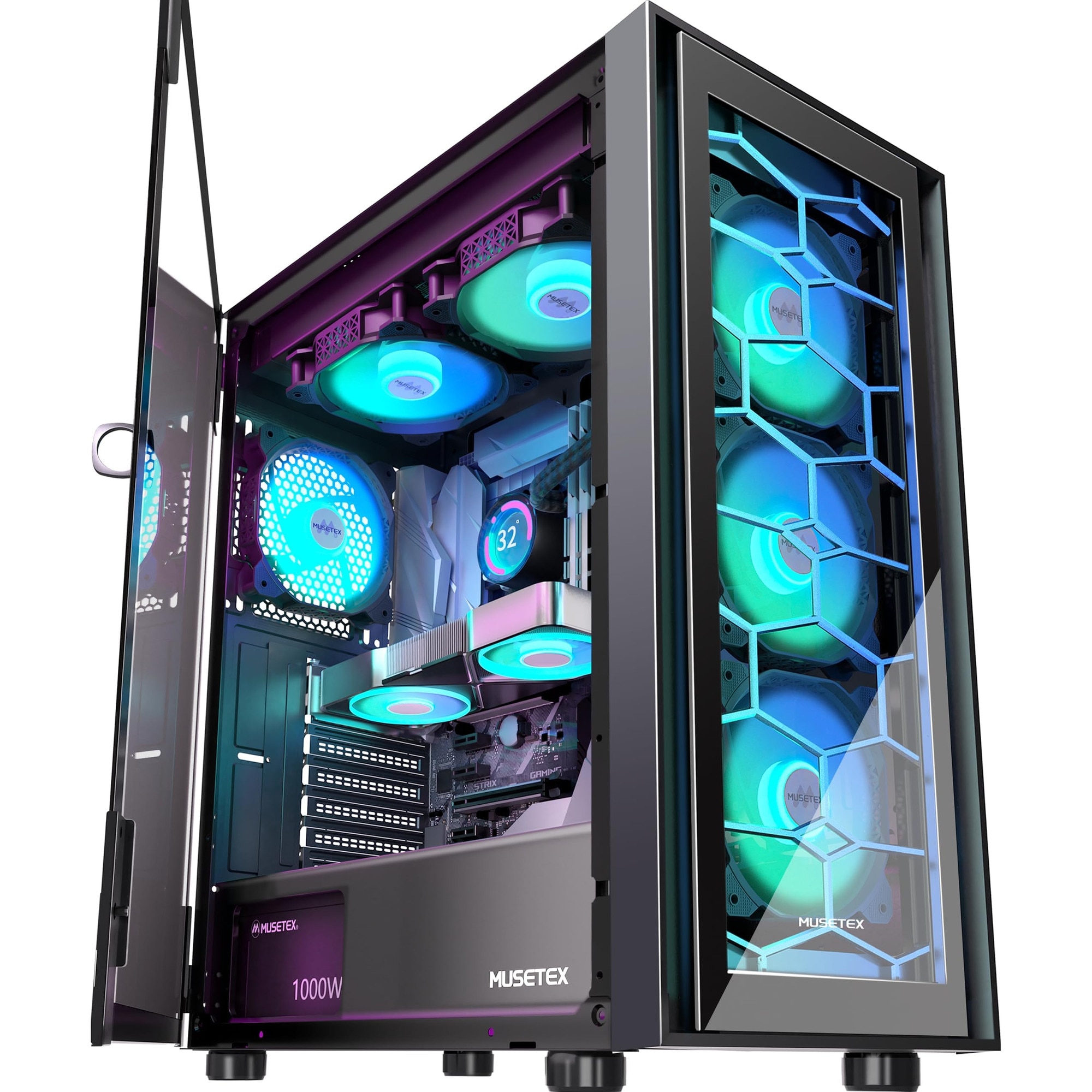 Carcasa PC Musetex ATX, 6 ventilatoare PWM ARGB, preinstalata, usa
