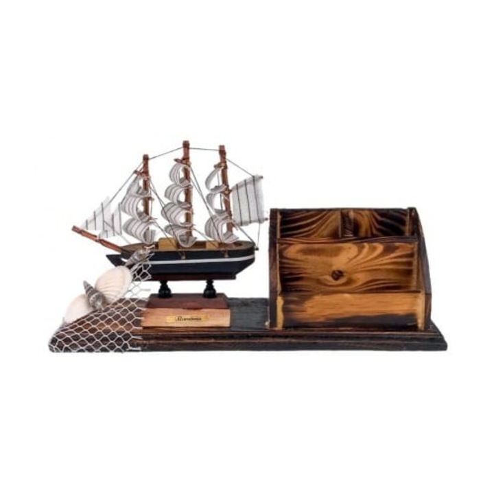 Декорация от дърво тип кораб с платна, поставка за химикалки и визитки, Velve