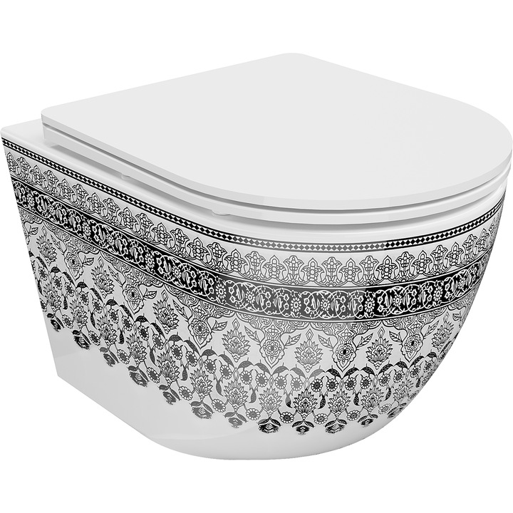 Toaletă WC Mexen Lena Rimless, capac cu cădere lentă, alb/negru, 48x36x35cm