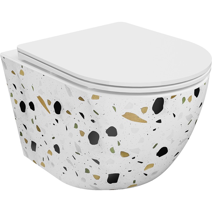 Vas de toaletă Mexen Lena rimless, capac slim cu închidere lentă, 48x36x35cm, piatră albă terrazzo, suspensat, set toaleta + capac