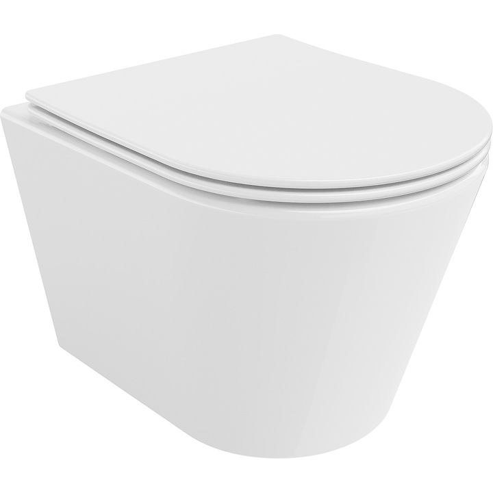 Vas WC Rimless Tornado Mexen Rico, alb lucios, capac Slim cu închidere lentă, 49x36x37cm, suspendat, set toaleta + capac