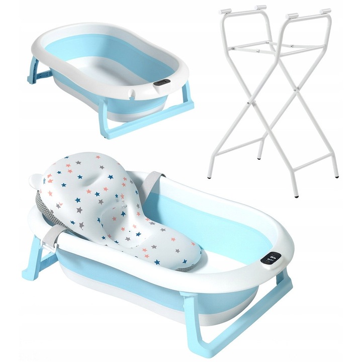 Cadita Pliabila, Oem, Wp 01, Material Abs, Silicon, Termometru Electronic Cu Precizie De 0.1 °C, Picioare Antiderapante, Materiale Sigure, Fara Bpa, 80 x 50 x 21 cm, Alb Si Albastru